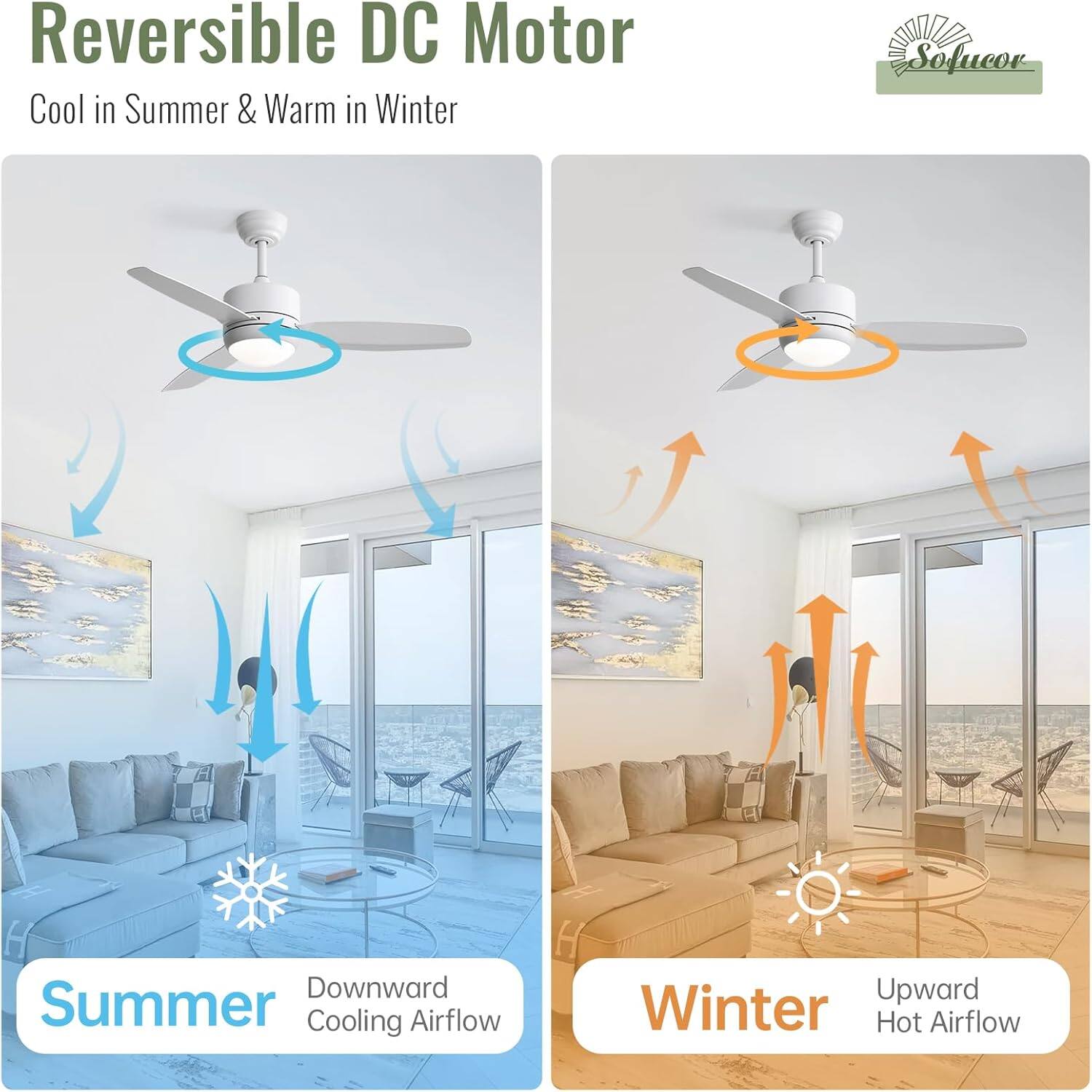 Reversible DC Motor  
Cool in Summer & Warm in Winter  

Summer  
Downward Cooling Airflow  

Winter  
Upward Hot Airflow