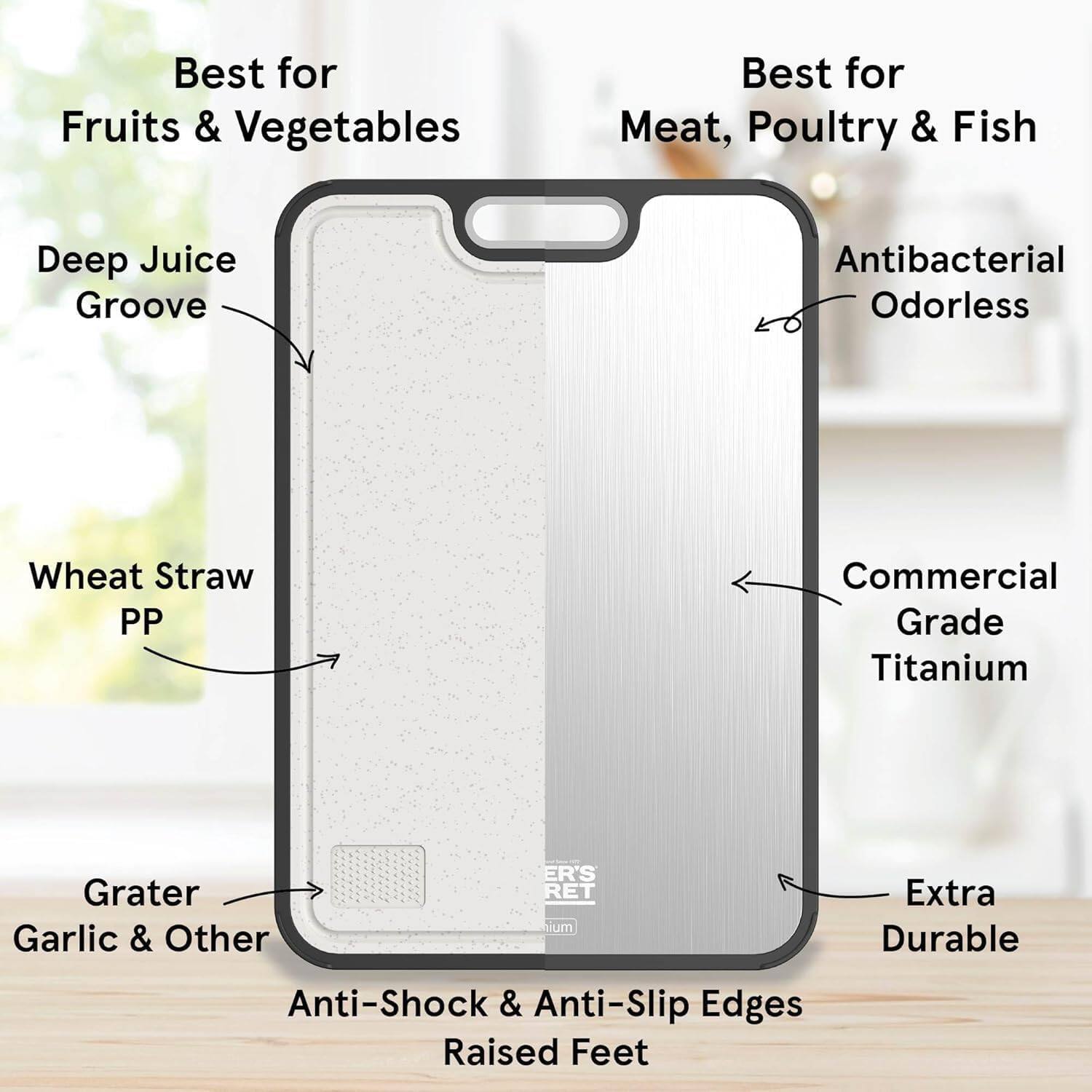 Best for Fruits & Vegetables  
Best for Meat, Poultry & Fish  
Deep Juice Groove  
Antibacterial Odorless  
Wheat Straw PP  
Commercial Grade Titanium  
Grater Garlic & Other  
Anti-Shock & Anti-Slip Edges  
Raised Feet  
Extra Durable