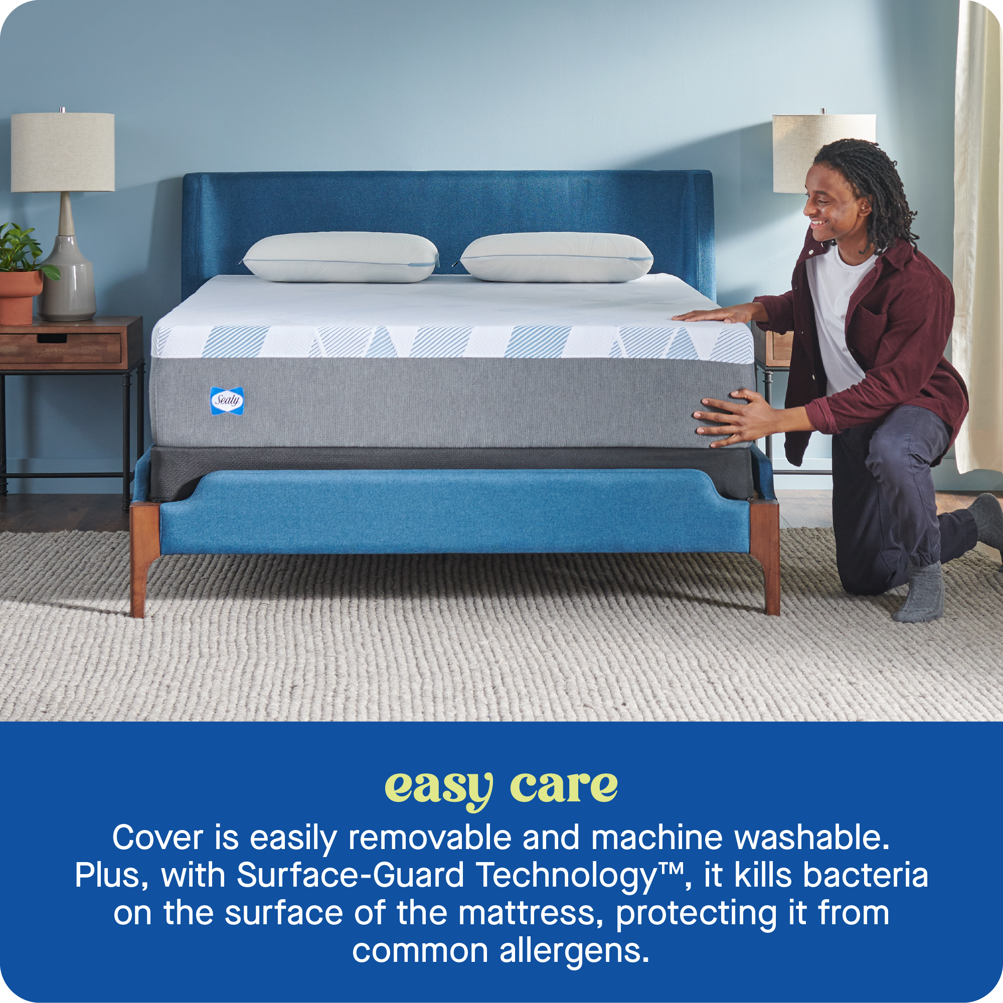 The Watlo easy care Cover is easily removable and machine washable, making it a convenient and hygienic option for protecting your mattress. Plus, with Surface-Guard Technology, it kills bacteria on the surface of the mattress, protecting it from common allergens.