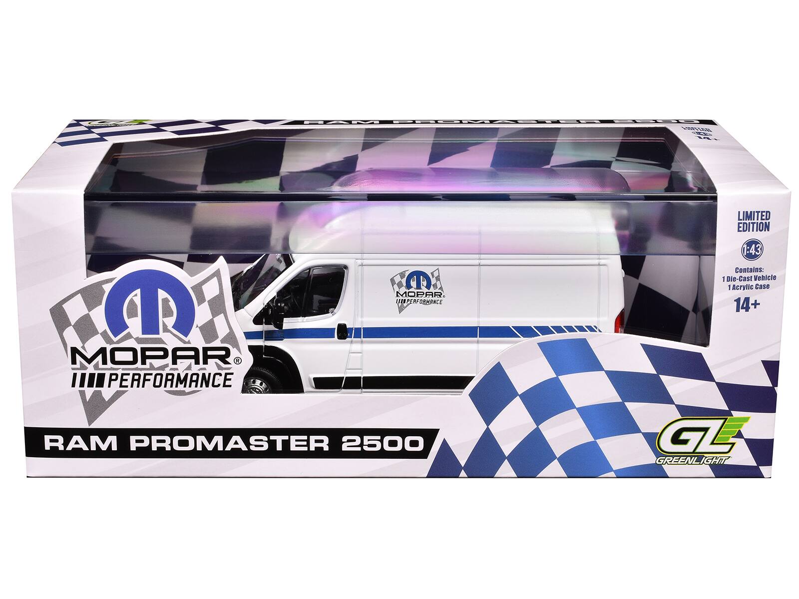 MOPAR PERFORMANCE  
RAM PROMASTER 2500  
LIMITED EDITION  
1:43  
Contains:  
1 Die-Cast Vehicle  
1 Acrylic Case  
14+  
GREENLIGHT