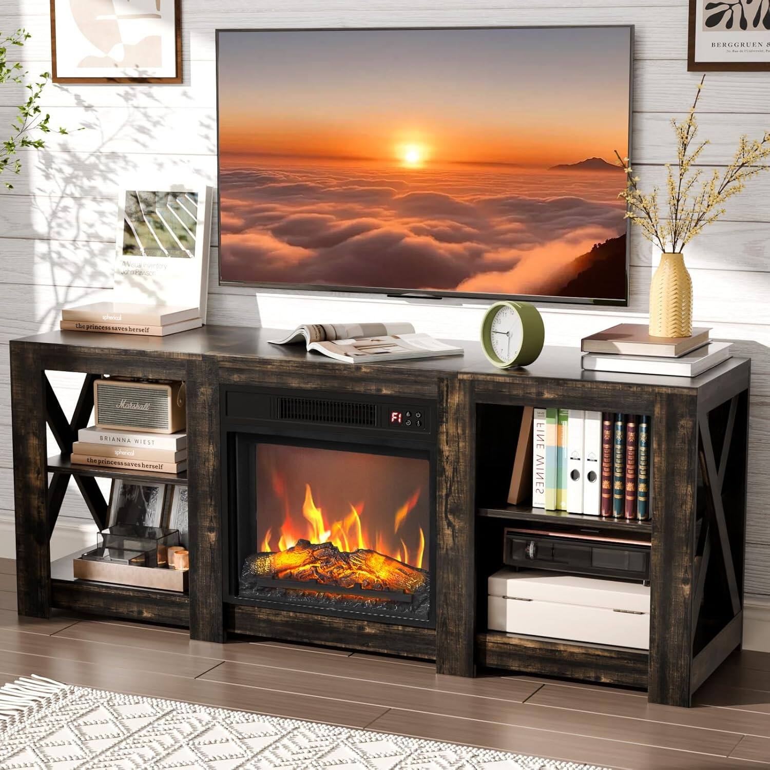 Alt View 5. Winado - Fireplace TV Stand Cabinet for up to 70" TVs, Farmhouse Entertainment Center with 23" Remoted Electric Fireplace Heater - Dark grey oak color.