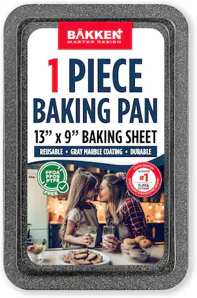 BKKEN MASTER DESIGN 1 PIECE BAKING PAN 13" X 9" BAKING SHEET REUSABLE GRAY MARBLE COATING DURABLE PFOA PFOS PTFE FREE SWISS COATING BAKKEN #1 COOKWARE & BAKEWARE