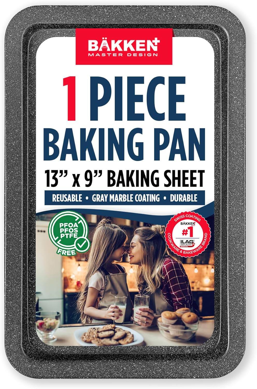 BKKEN MASTER DESIGN 1 PIECE BAKING PAN 13" X 9" BAKING SHEET REUSABLE GRAY MARBLE COATING DURABLE PFOA PFOS PTFE FREE SWISS COATING BAKKEN #1 COOKWARE & BAKEWARE