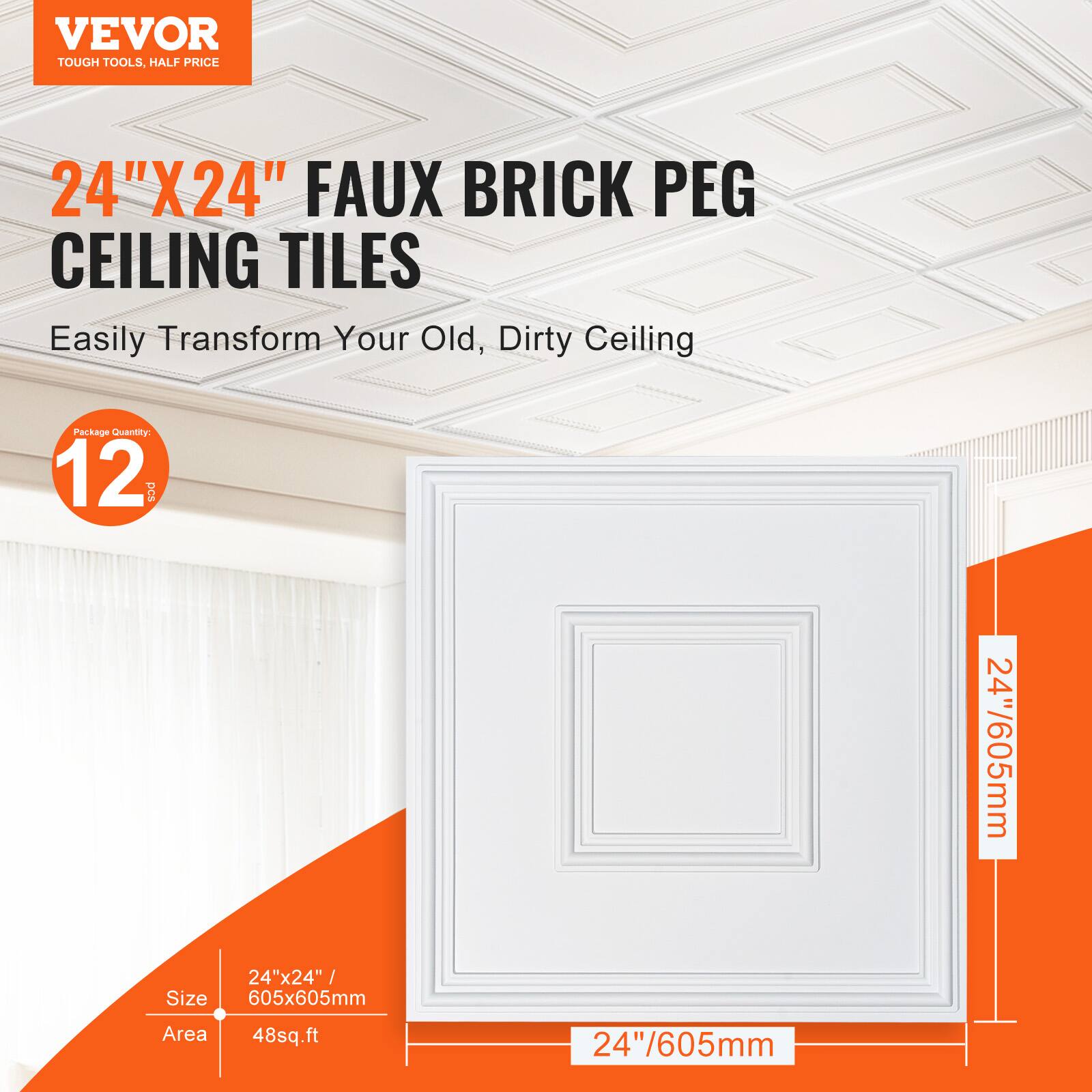 VEVOR TOUGH TOOLS, HALF PRICE

24"X24" FAUX BRICK PEG CEILING TILES

Easily Transform Your Old, Dirty Ceiling

Package Quantity: 12 pcs

Size: 24"x24" / 605x605mm

Area: 48 sq.ft