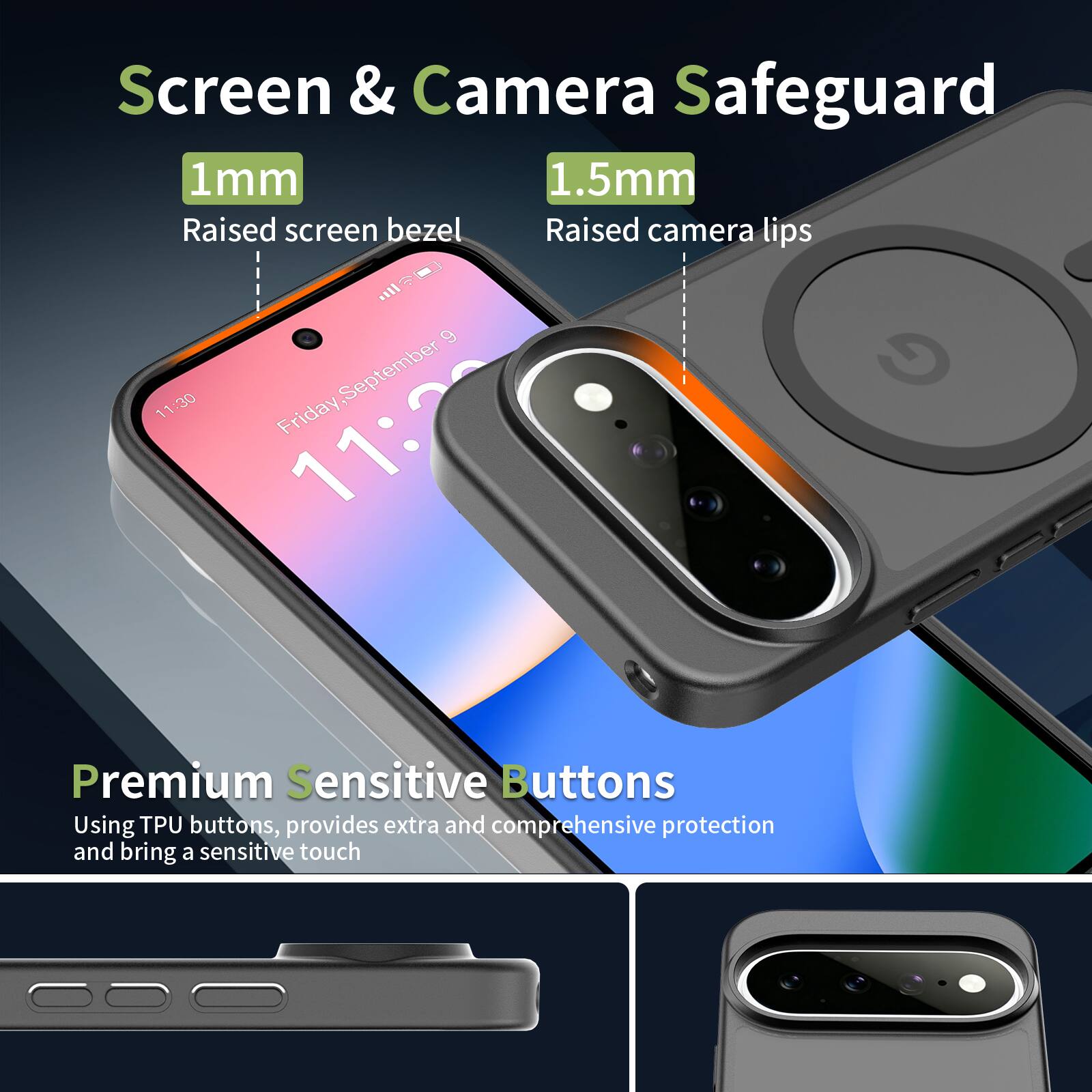 Screen & Camera Safeguard  
1mm Raised screen bezel  
1.5mm Raised camera lips  

Premium Sensitive Buttons  
Using TPU buttons, provides extra and comprehensive protection and bring a sensitive touch