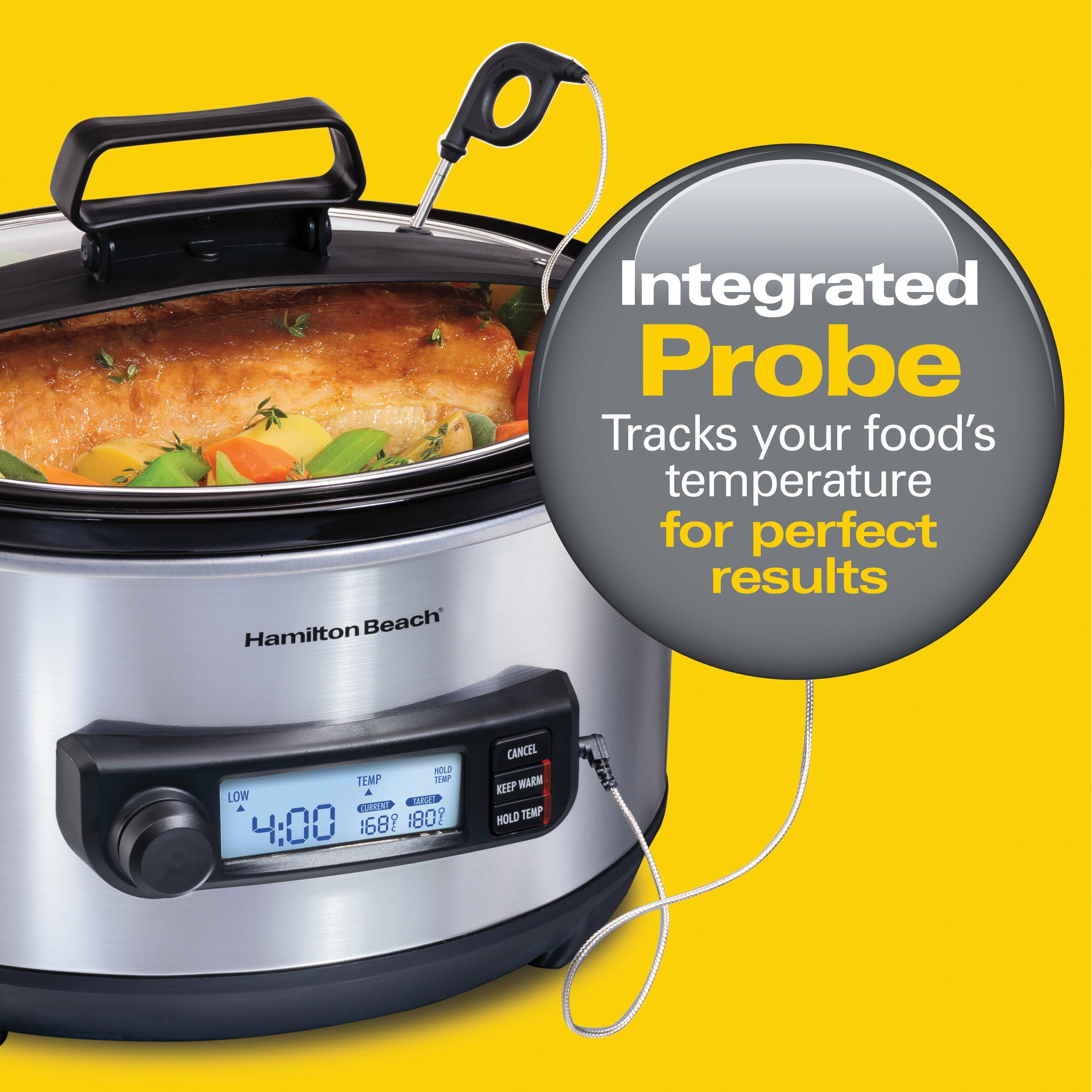 Hamilton Beach Integrated Probe  
Tracks your food's temperature for perfect results  

LOW 4:00  
168°F 180°F  

CANCEL KEEP WARM HOLD TEMP