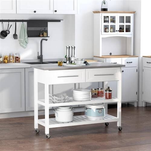 Alt View 1. SlickBlue - Kitchen Storage Island Cart with 2 Drawers and Steel Top - White.