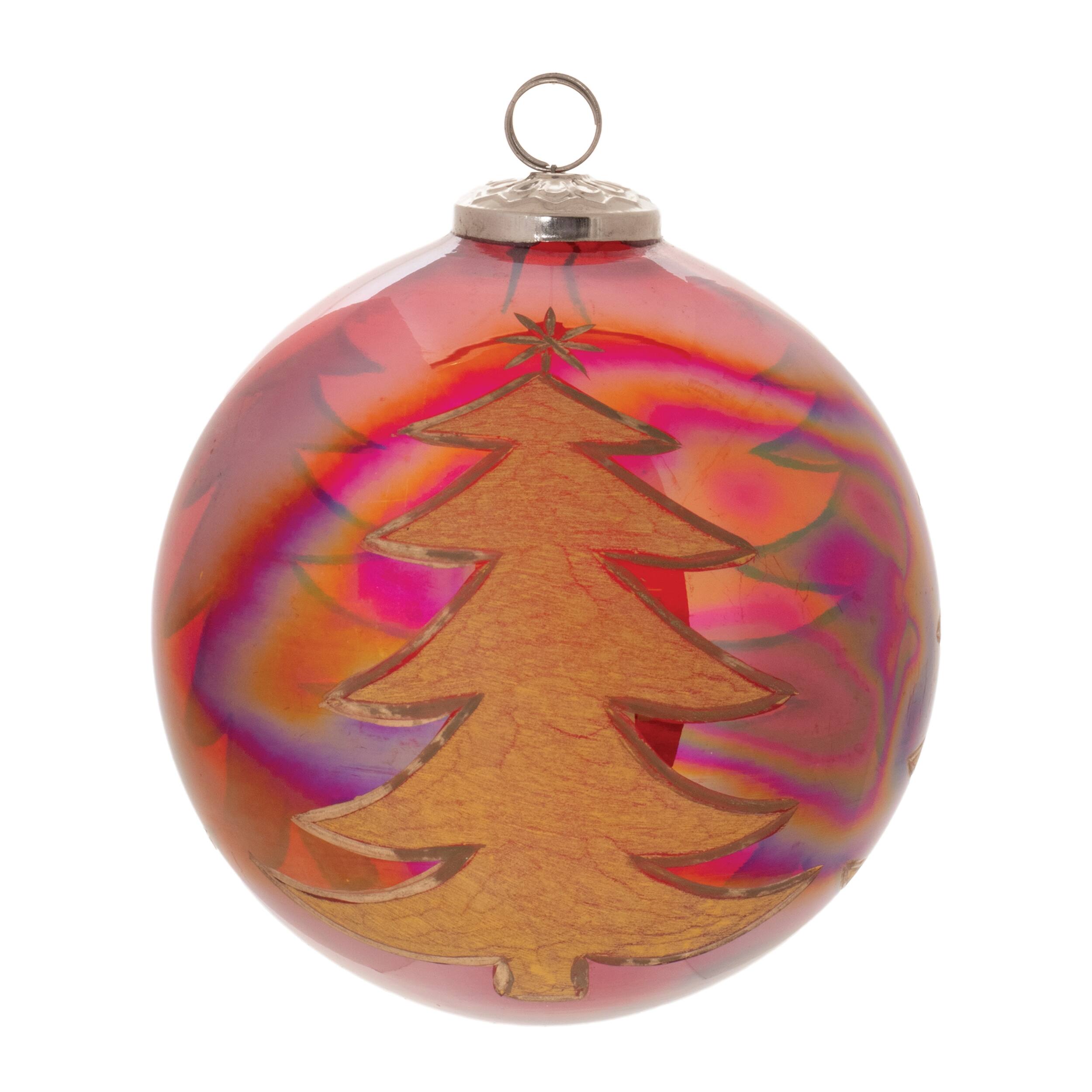 Front. BreeBe - Tree Etched Ball Ornament (Set of 4) - Red, Gold.