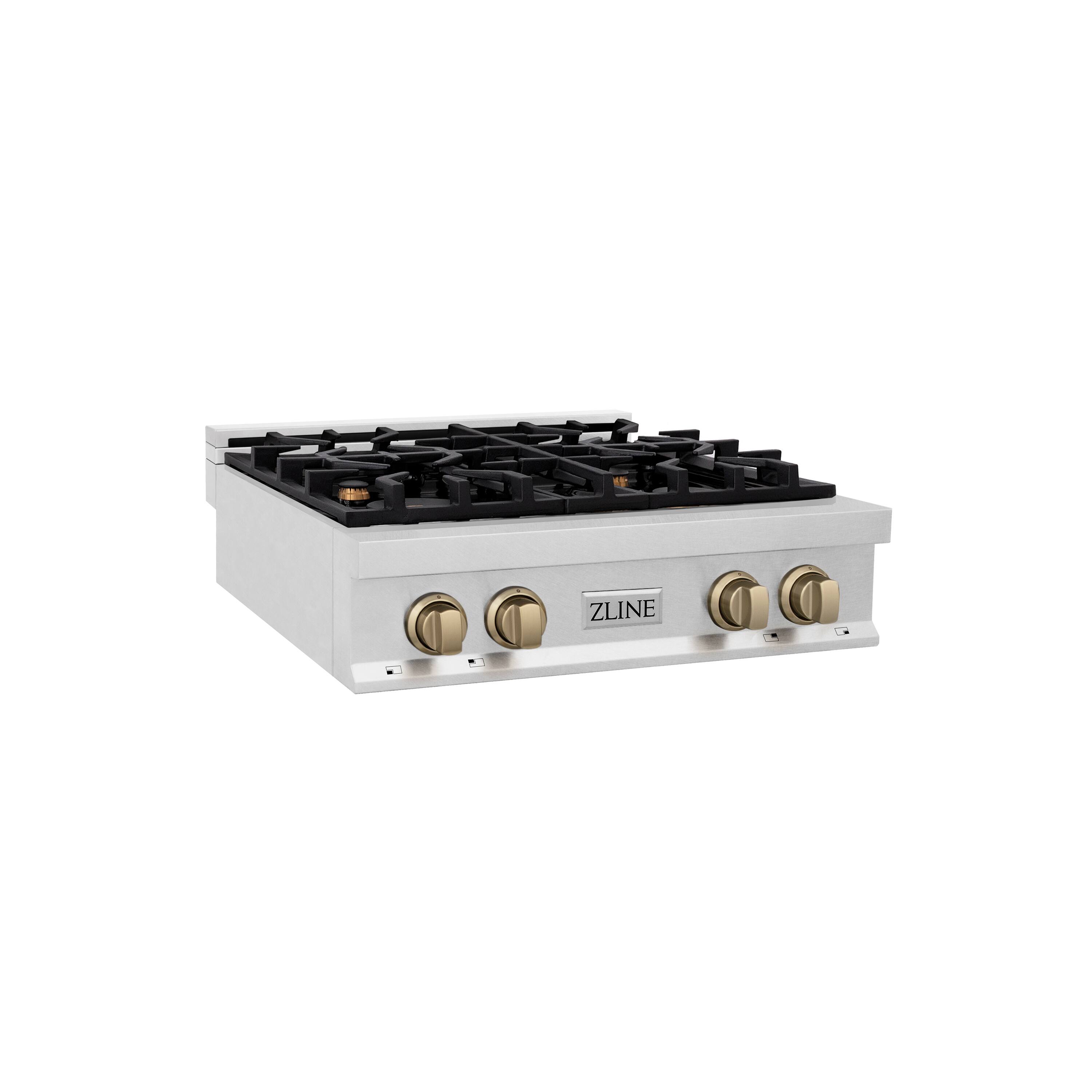 Angle. ZLINE - ZLINE Autograph 30 in. Legacy Gas Rangetop with 4 Burners in Satin Steel with Bronze Accents - Satin Stainless Steel.