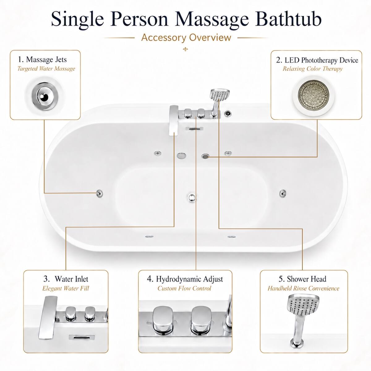 Single Person Massage Bathtub Accessory Overview
1. Massage Jets Targeted Water Massage
2. LED Phototherapy Device Relaxing Color Therapy
3. Water Inlet Elegant Water Fill
4. Hydrodynamic Adjust Custom Flow Control
5. Shower Head Handheld Rinse Convenience