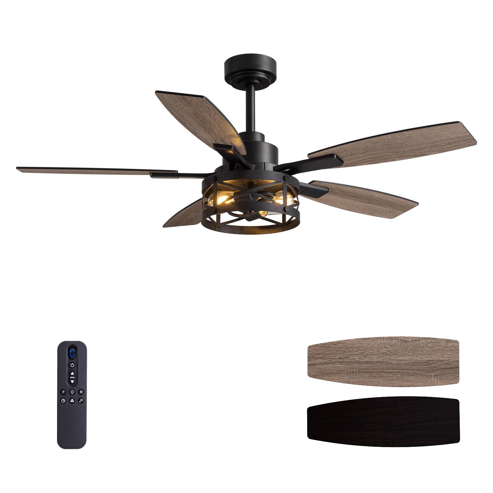 Alt View 9. Siljoy - 52-in Rustic Cage Ceiling Fan with Walnut or Black Color Blades Ceiling Fan With Light - Remote Included ( 5-Blade ) - Matte Black.