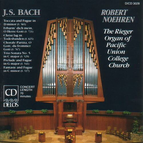 J.S. BACH  
Toccata and Fugue in D minor (S. 565)  
Erbarm dich mein, O Herre Gott (S 721)  
Christ lag in Todesbanden (S 625)  
Chorale-Partita, O Gott, du frommer Gott (S. 767)  
Trio Sonata No. 5 in C major (S. 529)  
Prelude and Fugue in G major (S. 541)  
Fantasie and Fugue in C minor (S. 537)  

ROBERT NOEHREN  
The Rieger Organ of Pacific Union College Church  

CONCERT LENGTH CD 70 minutes  

DELLOS  
D/CD 3028