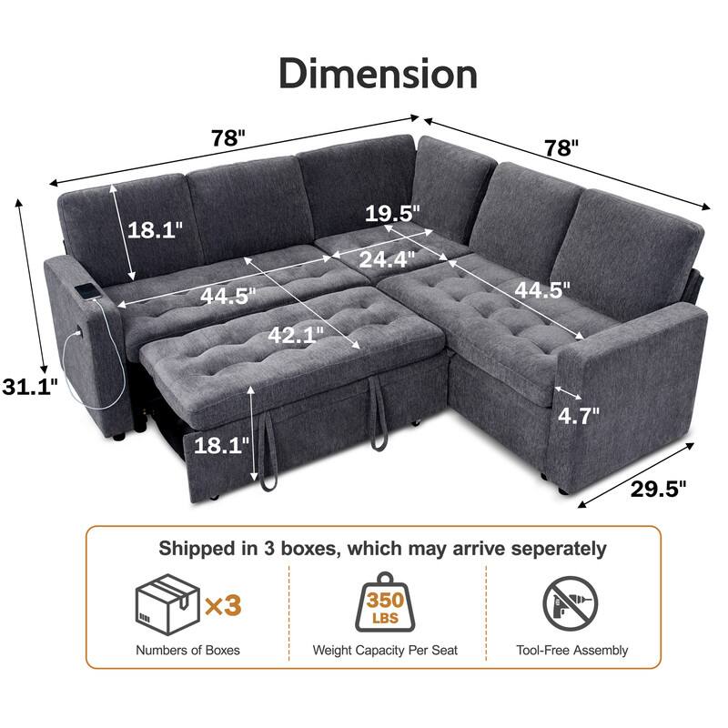 Dimension  
78" 78" 18.1" 44.5" 19.5" 24.4" 44.5" 42.1" 31.1" 18.1" 4.7" 29.5"  

Shipped in 3 boxes, which may arrive separately  
Numbers of Boxes: 3  
Weight Capacity Per Seat: 350 LBS  
Tool-Free Assembly