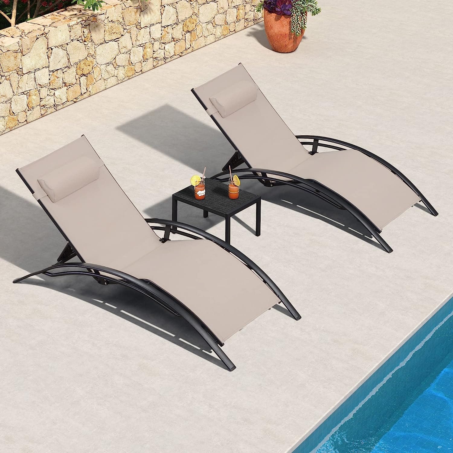 PURPLE LEAF - 3-Pieces Oversized Aluminum Outdoor Chaise Lounge Patio Lounge Chair with Side Table - Beige