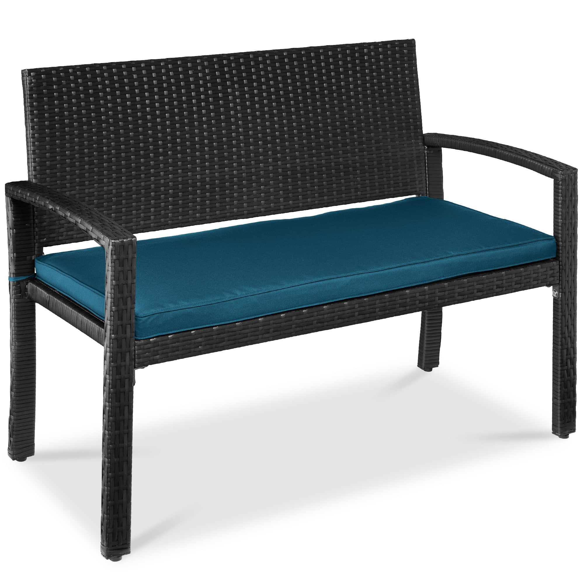 Best Choice Products - 2-Person Outdoor Wicker Bench Garden Patio Porch Furniture w/ 700lb Capacity - Peacock Blue/Black - Black/Blue