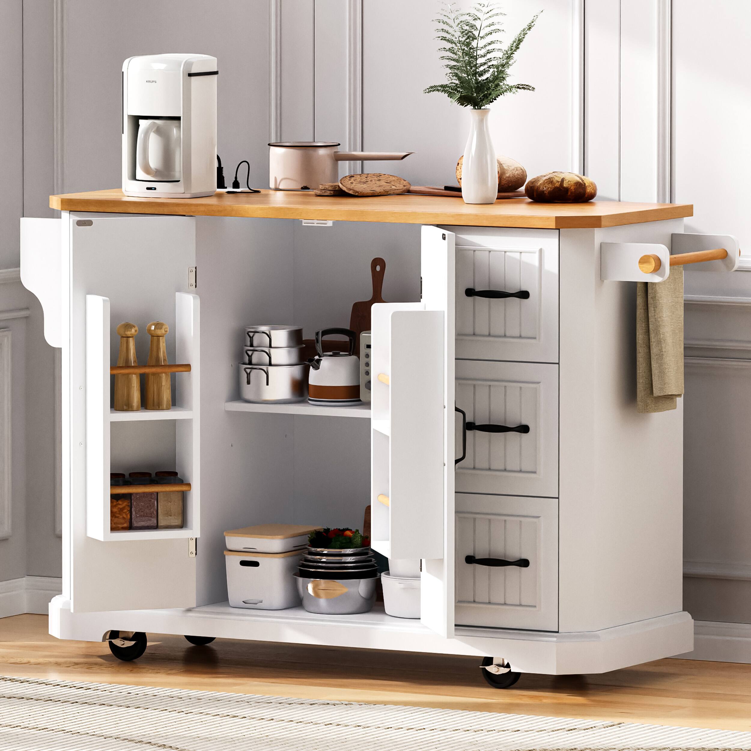 Left. PexFix - 56" Kitchen Island with Power Outlet & Drop Leaf - Rolling Cart with 6 Deep Drawers, 4-Door Shelves & Rubber Wood Top - White.
