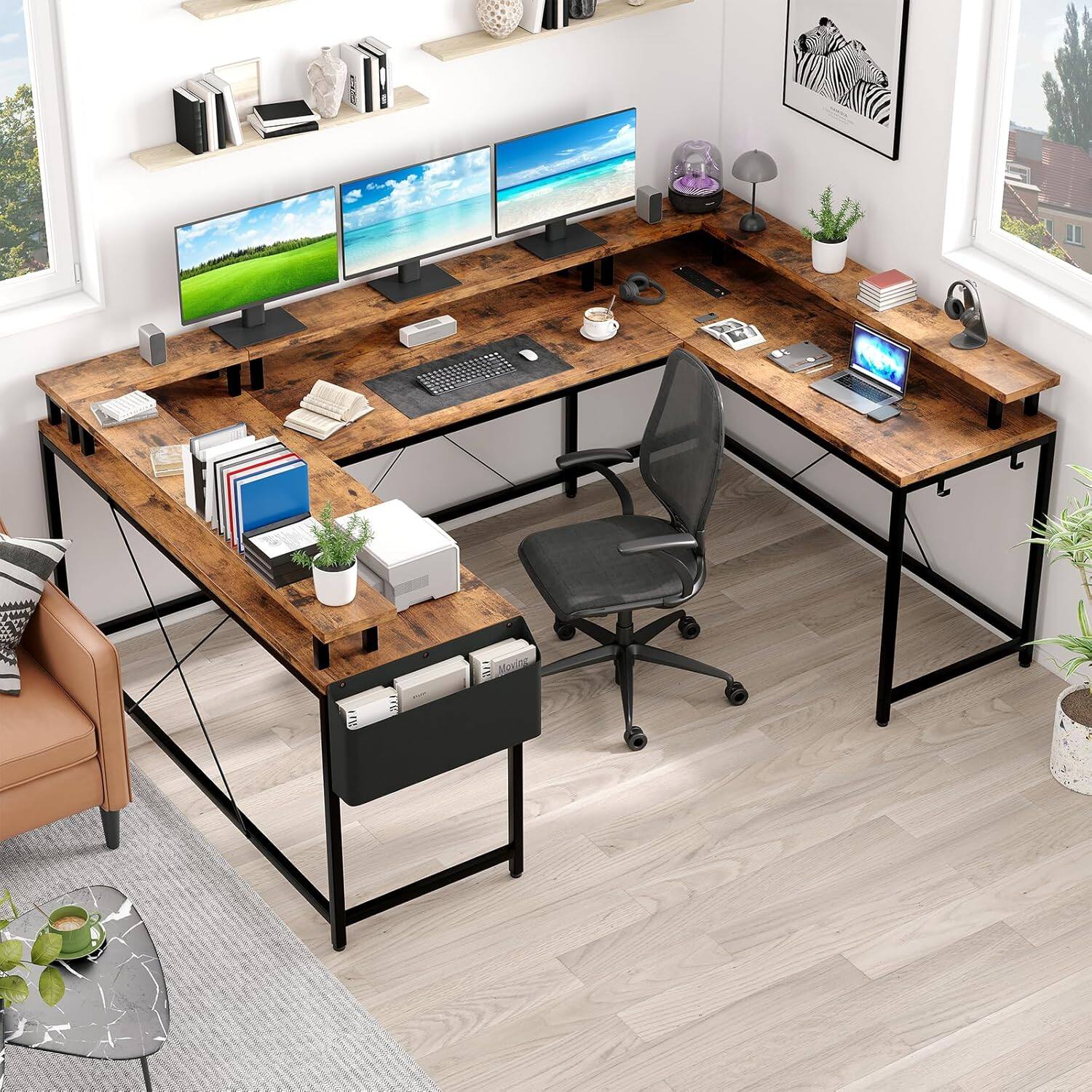 Left. Babevy - 78.8 Inch U-Shaped Computer Desk with Monitor Stand and Storage Shelves, Large Corner Desk for Home Office - Brown.