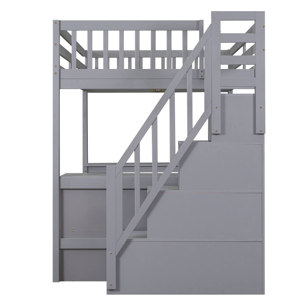 Alt View 4. Loheer - Loheer Full Size Loft Bed with Desk, Gray Loft Bed with Storage Stairs and Shelves, Pine Wood - Gray.