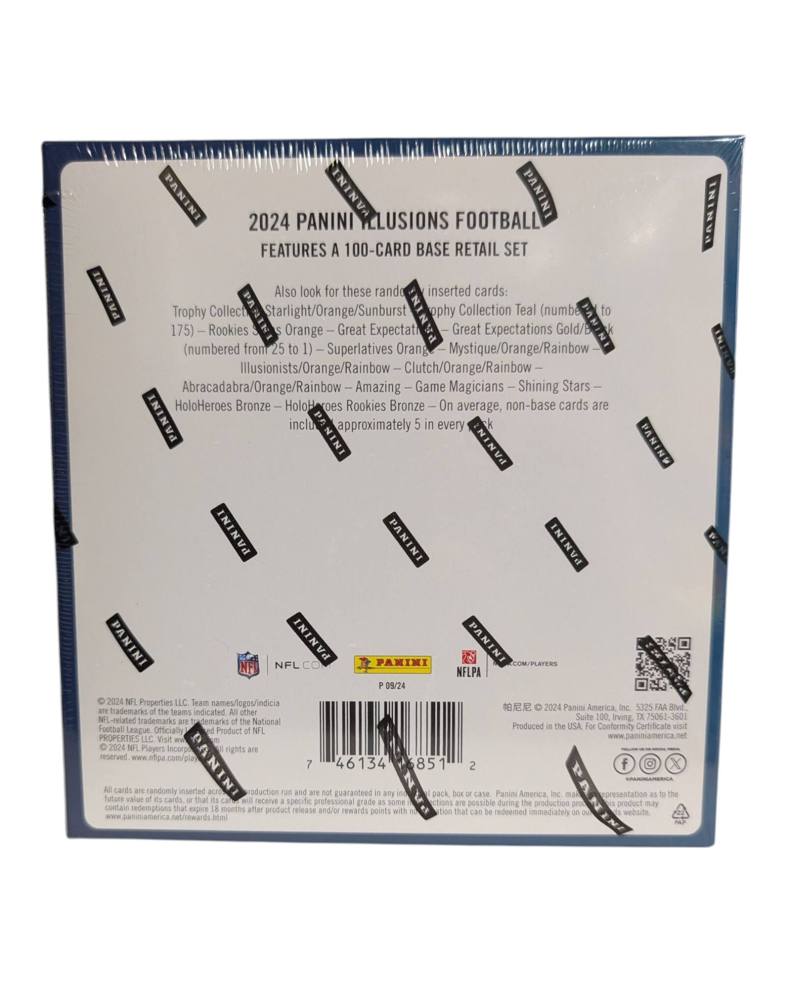 2024 Panini Fusions Football  
Features a 100-card base retail set  

Also look for these random inserted cards:  
- Trophy Collection Teal (numbered to 175)  
- Starlight/Orange/Sunburst  
- Great Expectations Gold/Bronze (numbered from 25 to 1)  
- Superlatives Orange  
- Mystique/Orange/Rainbow  
- Illusionists/Orange/Rainbow  
- Clutch/Orange/Rainbow  
- Abracadabra/Orange/Rainbow  
- Amazing Game Magicians  
- Shining Stars  
- HoloHeroes Bronze  
- HoloHeroes Rookies Bronze  

On average, non-base cards are approximately 5 in every pack.  

© 2024 NFL Properties LLC. Team names/logos/indicia are trademarks of the teams indicated. All other NFL-related trademarks are trademarks of the National Football League. Officially licensed product of NFL Properties LLC. Visit www.nflproperties.com. © 2024 NFL Players Incorporated. All rights are reserved. www.nflpa.com/players.  

Panini America, Inc. 32525 Fairfax Blvd., Suite 100,