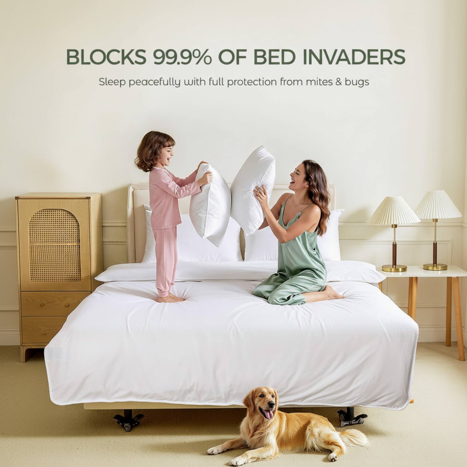 BLOCKS 99.9% OF BED INVADERS  
Sleep peacefully with full protection from mites & bugs