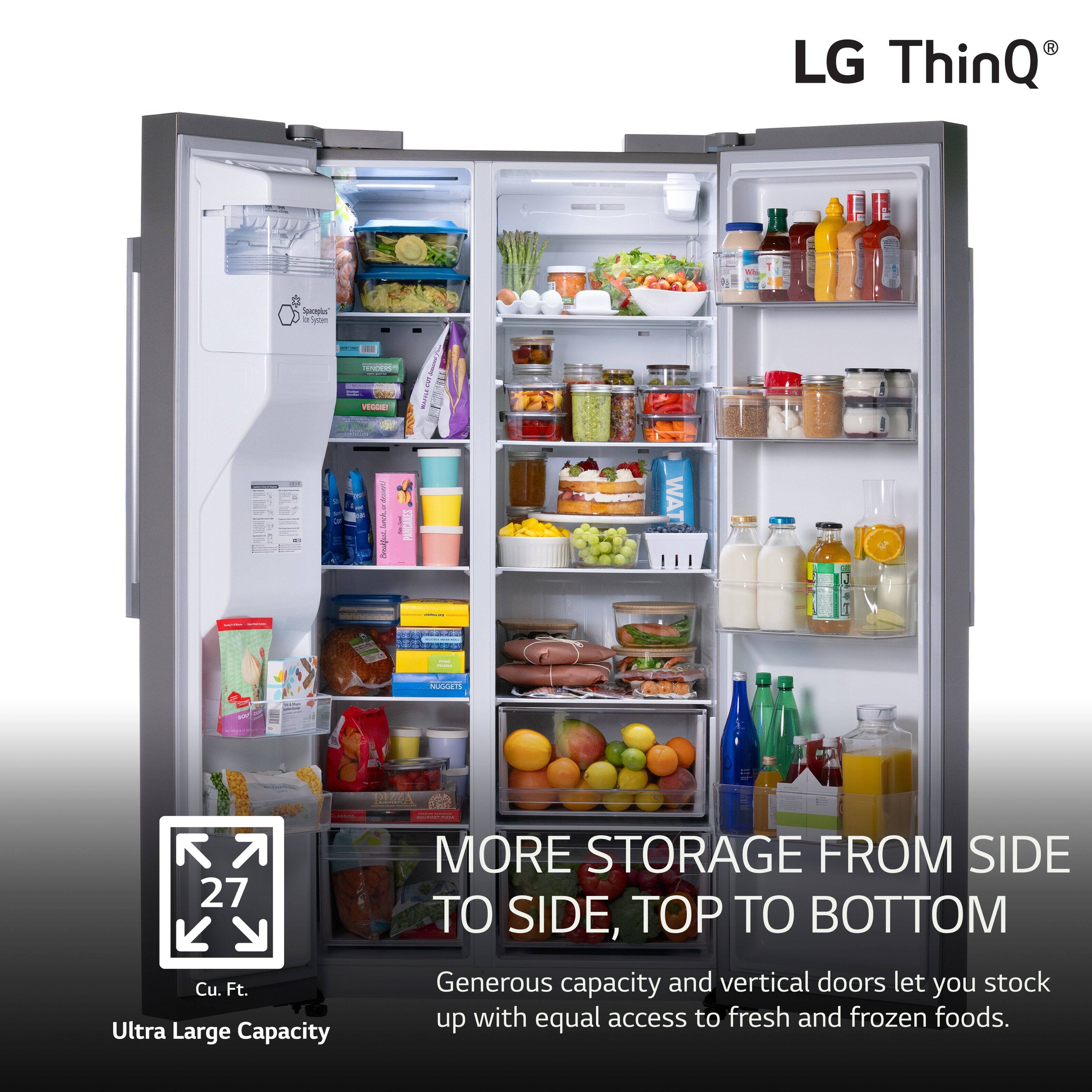 LG ThinQ®

27 Cu. Ft. Ultra Large Capacity

MORE STORAGE FROM SIDE TO SIDE, TOP TO BOTTOM

Generous capacity and vertical doors let you stock up with equal access to fresh and frozen foods.