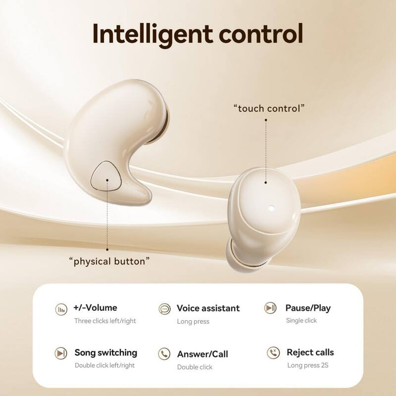 Intelligent control

"touch control"  
"physical button"

- +/- Volume  
  Three clicks left/right

- Voice assistant  
  Long press

- Pause/Play  
  Single click

- Song switching  
  Double click left/right

- Answer/Call  
  Double click

- Reject calls  
  Long press 2S