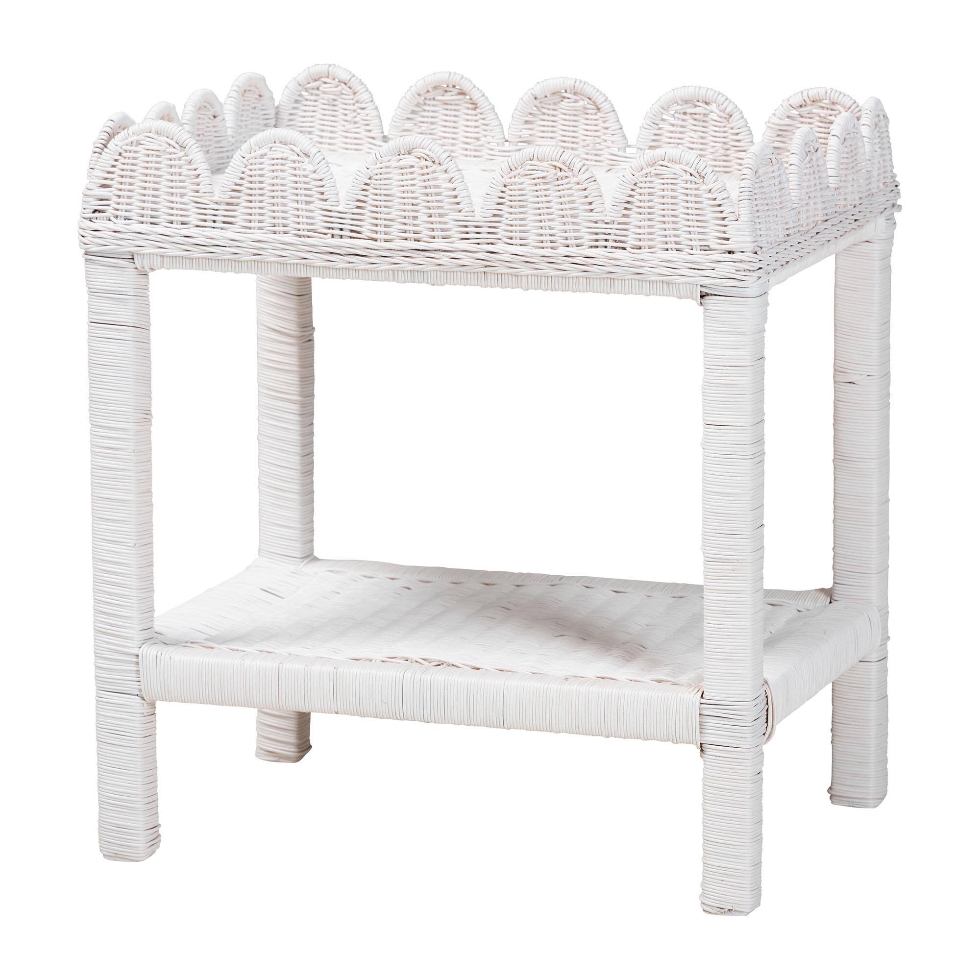 bali & pari - Sumana Natural Rattan Side Table - Handwoven Wicker 2-Tier Accent End Table with Scalloped Tray Top for Living Room - White