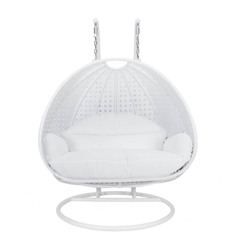 Front. LeisureMod - Leisuremod Modern 2-Person Outdoor Egg Swing White Wicker Chair with Stand, Plush Washable Cushions & Waterproof Cover - White.