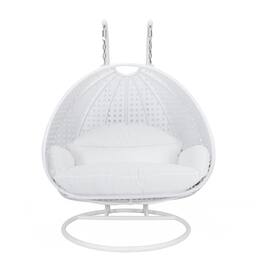 LeisureMod - Modern 2-Person Outdoor Egg Swing Wicker Chair with Stand, Plush Washable Cushions & Waterproof Cover - White