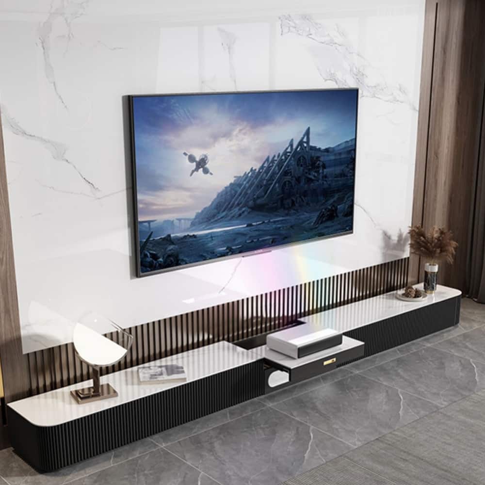 POVISON - 125" Modern TV Stand for Projector, Sintered Stone TV Cabinet with Drawers for Home Theater, Black & White - White & Black