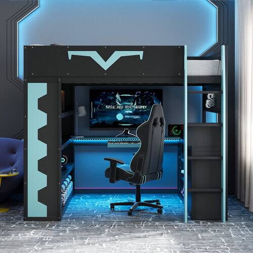 Left. Anysun - Full Size Gaming Loft Bed with Desk & RGB Lights - Pro-Gamer Bed with Power Outlet, Bookshelf, Pegboard & Storage Drawer - Blue.