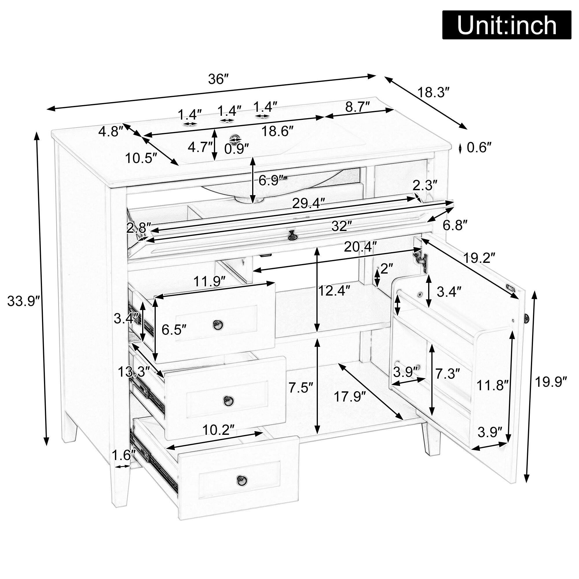 Unit: inch

- 33.9"
- 36"
- 1.4"
- 1.4"
- 1.4"
- 8.7"
- 1.4"
- 4.8"
- 18.6"
- 4.7"
- 0.9"
- 10.5"
- 6.9"
- 29.4"
- 2.8"
- 32"
- 20.4"
- 2"
- 11.9"
- 12.4"
- 3.4"
- 6.5"
- 18.3"
- 0.6"
- 2.3"
- 6.8"
- 19.2"
- 3.4"
- 13.3"
- 7.5"
- 17.9"
- 3.9"
- 7.3"
- 11.8"
- 19.9"
- 1.6"
- 10.2"
- 3.9"