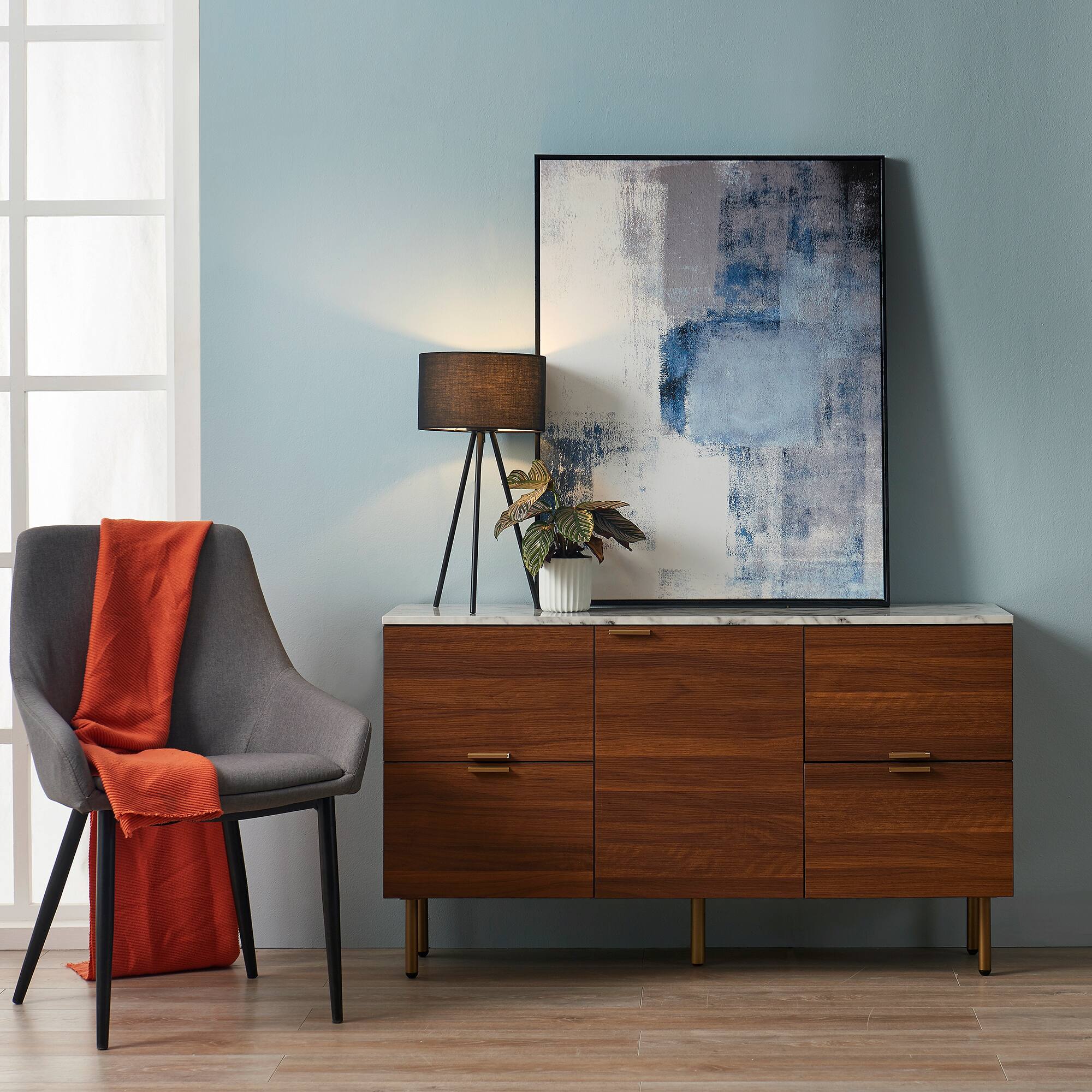 Angle. Teamson Home - Ashton Sideboard Storage Cabinet with Faux Marble Top - Brown.