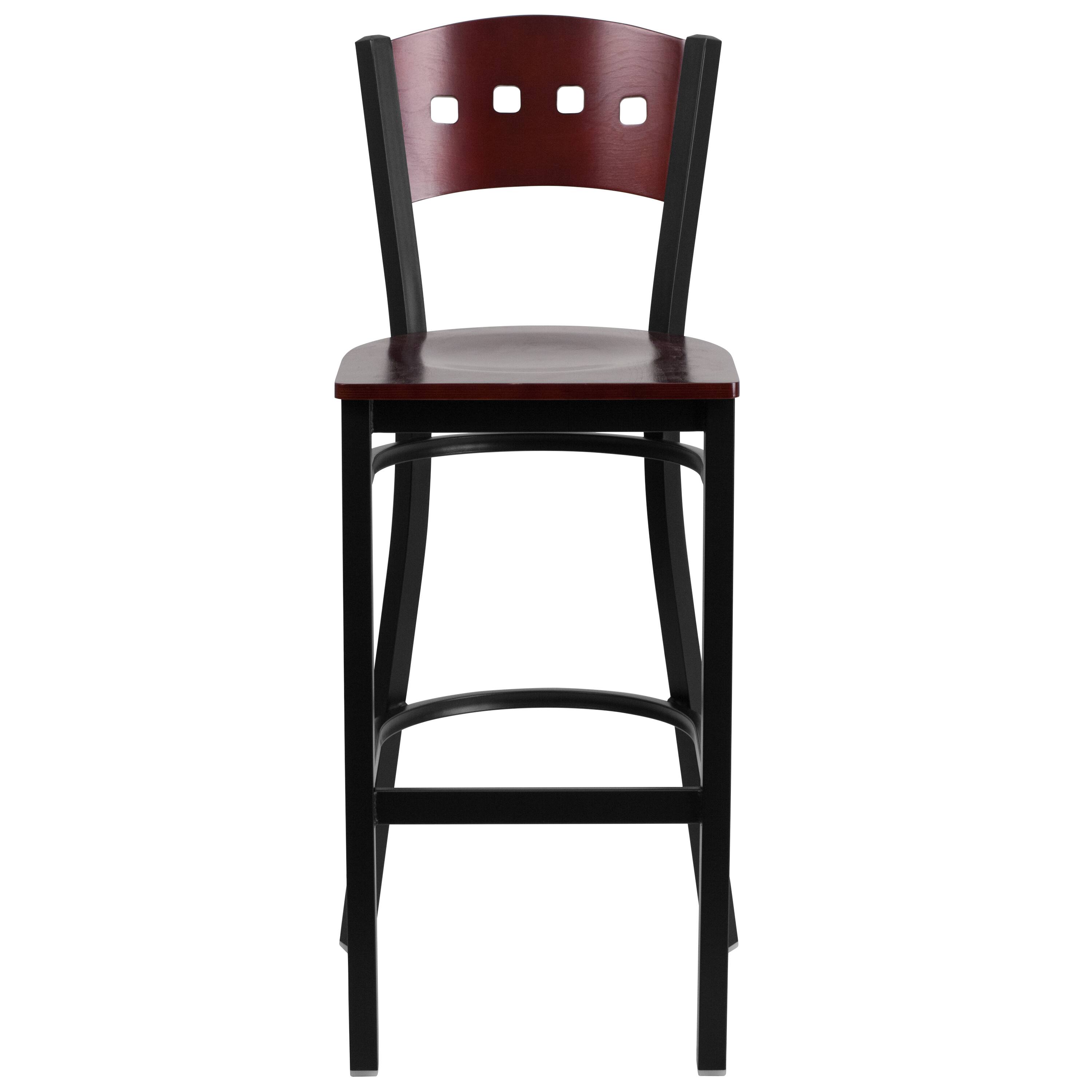 Alt View 5. Emma + Oliver - Decorative 4 Square Back Metal Restaurant Dining Barstool - Mahogany Wood Back/Mahogany Wood Seat/Black Metal.