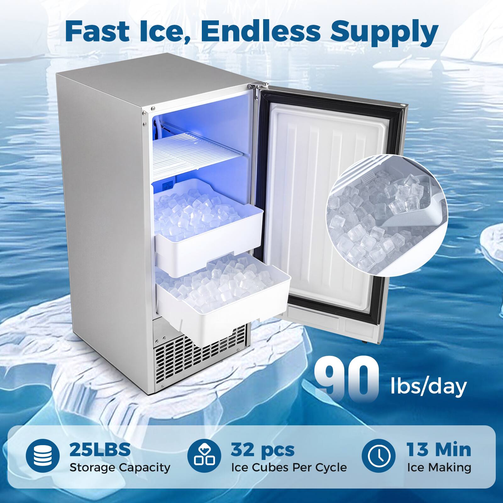 Fast Ice, Endless Supply

90 lbs/day

25LBS Storage Capacity

32 pcs Ice Cubes Per Cycle

13 Min Ice Making