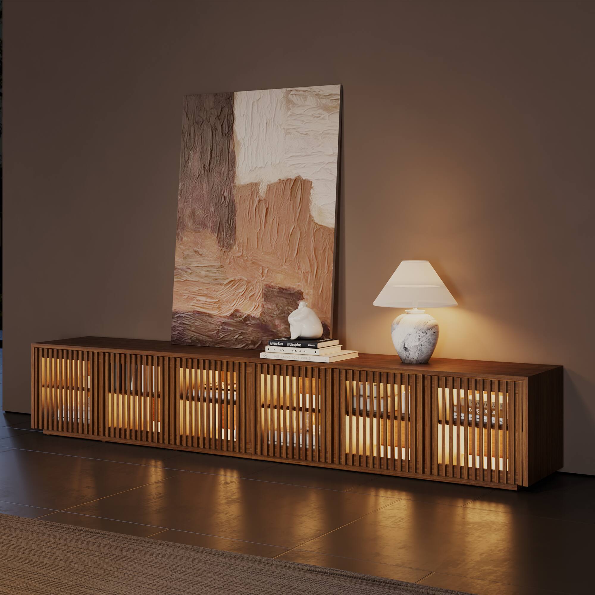 POVISON - 95" Mid-Century Modern Wood Slatted TV Stand with LED lights,Minimalist Entertainment Center, Perfect for 85-inch TVs - Walnut Color