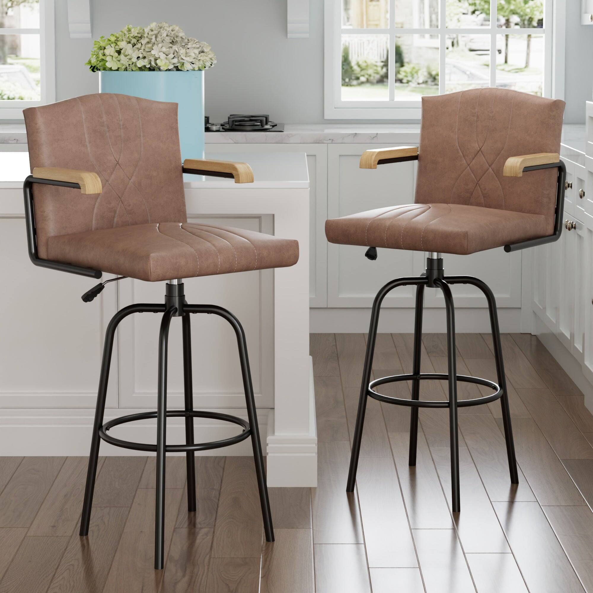Vecelo - PU Leather Bar Stool Set Of 2 With Arms -Metal Frame, Wooden Arms And Floor Protectors - Brown
