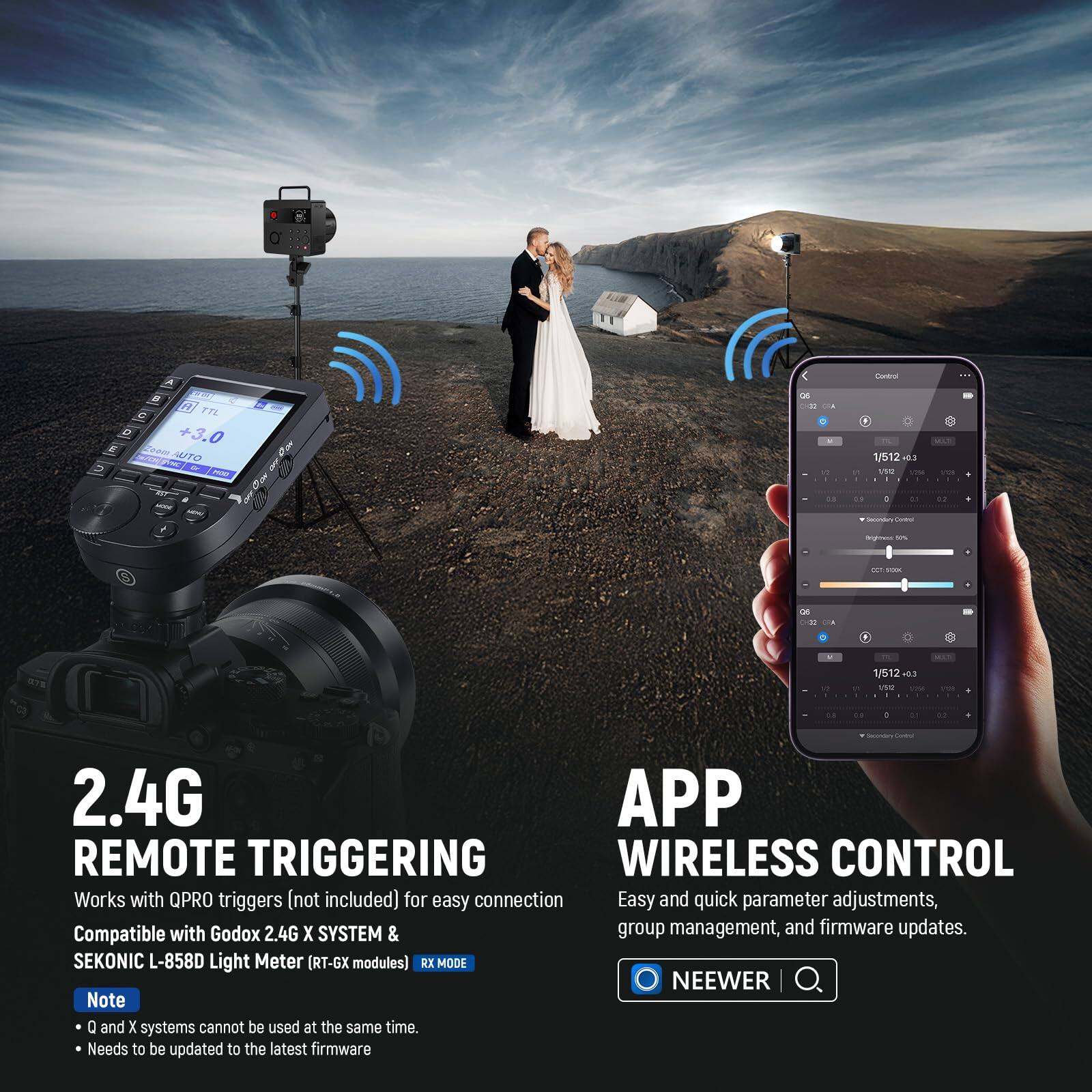 2.4G REMOTE TRIGGERING  
Works with QPRO triggers (not included) for easy connection  
Compatible with Godox 2.4G X SYSTEM & SEKONIC L-858D Light Meter (RT-GX modules)  
RX MODE  

Note  
- Q and X systems cannot be used at the same time.  
- Needs to be updated to the latest firmware  

APP WIRELESS CONTROL  
Easy and quick parameter adjustments, group management, and firmware updates.  

NEEWER
