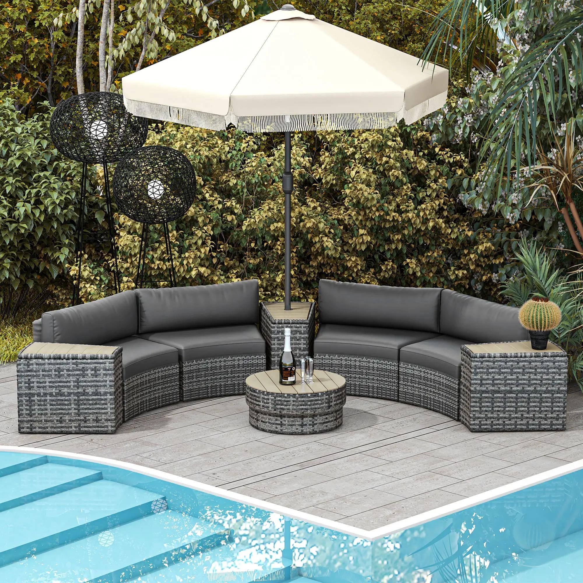 Alt View 6. Spaco - Spaco 8PCS PE Rattan Patio Set, 4 Chair Tables Storage Umbrella Hole - Mixed Grey.