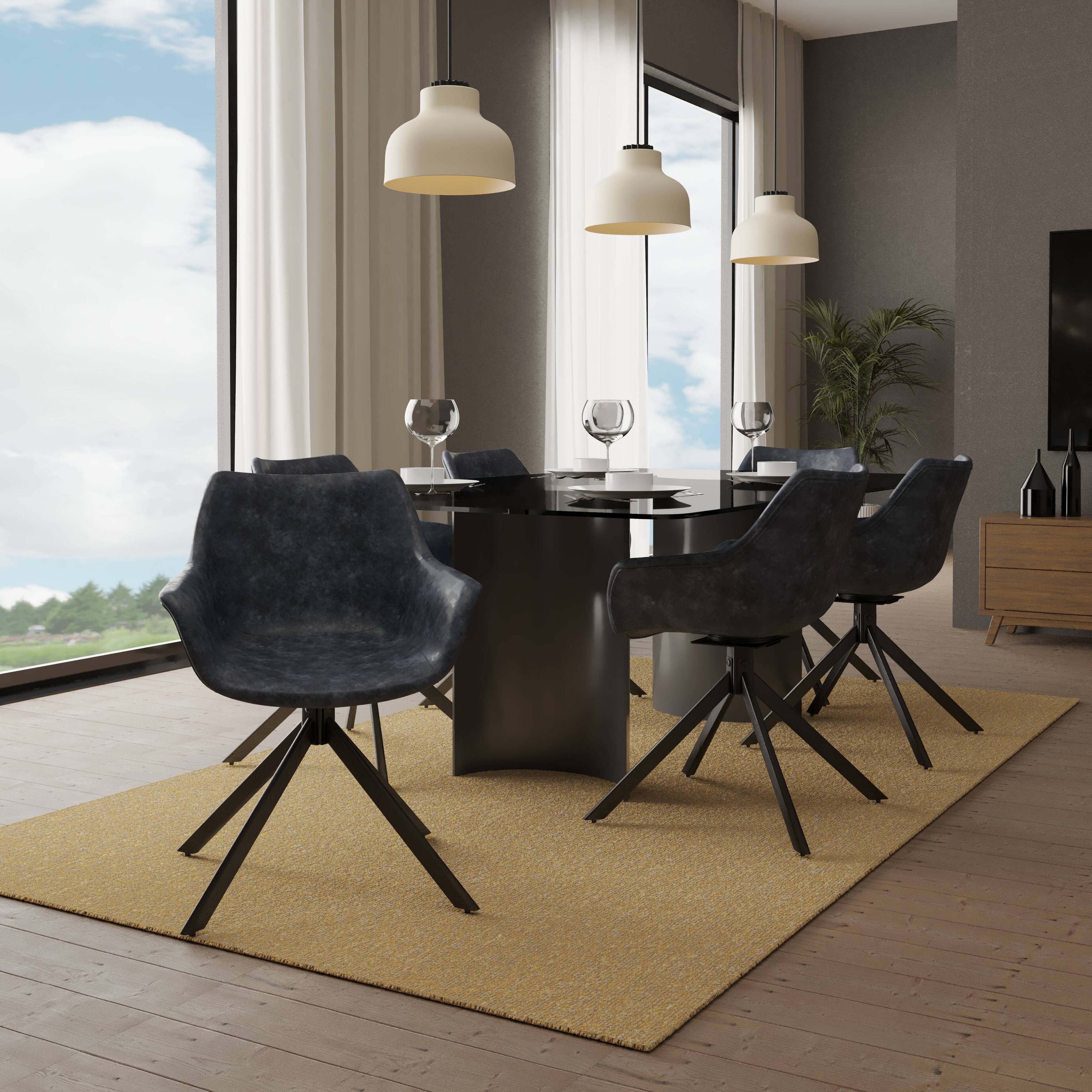 Left. LeisureMod - Markley 2-PCS Distressed Leather Swivel Accent Side Chair - Metal Base - Black.