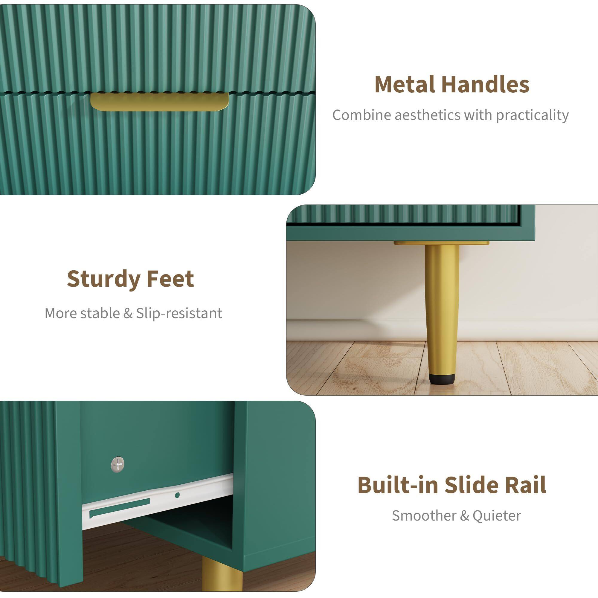 Alt View 3. Acekool - Fluted Dresser for Bedroom with 3 Drawers, Wooden Chest of Drawers with Metal Handle & Feet - Green.