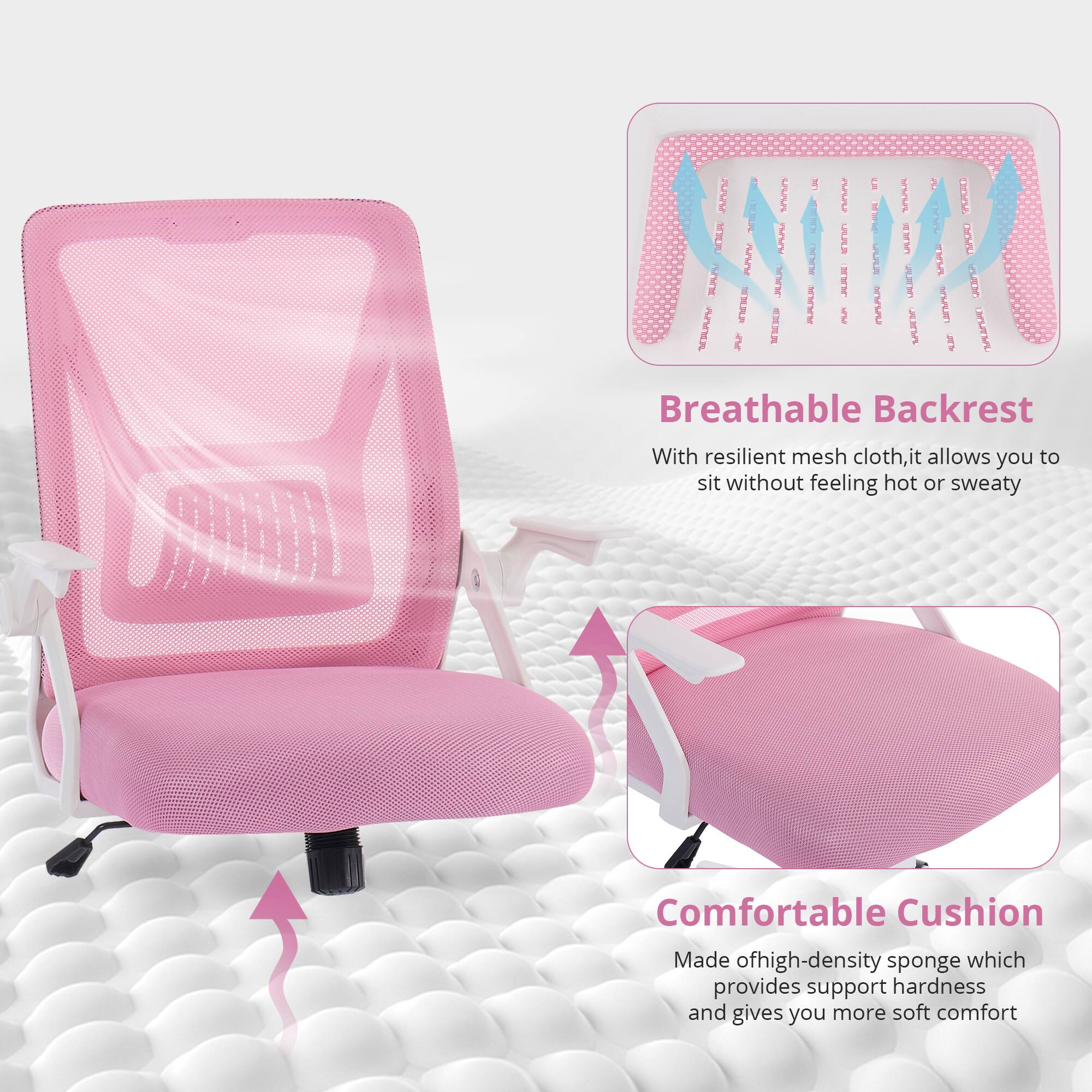 Sure, here is the corrected and grouped text from the image:

---

**Breathable Backrest**

With resilient mesh cloth, it allows you to sit without feeling hot or sweaty.

**Comfortable Cushion**

Made of high-density sponge which provides support hardness and gives you more soft comfort.

---