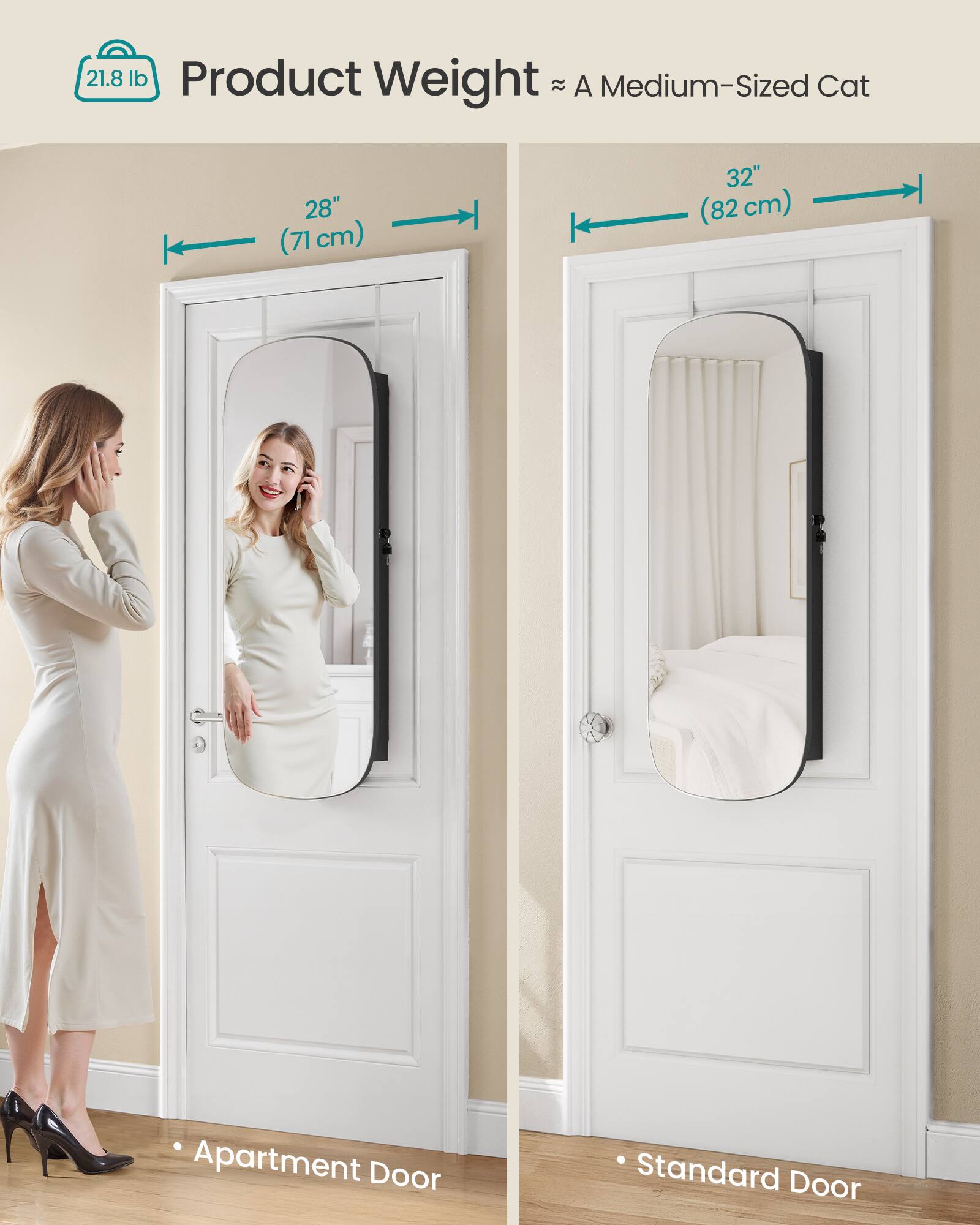 21.8 lb Product Weight ≈ A Medium-Sized Cat

28" (71 cm)

32" (82 cm)

Apartment Door

Standard Door