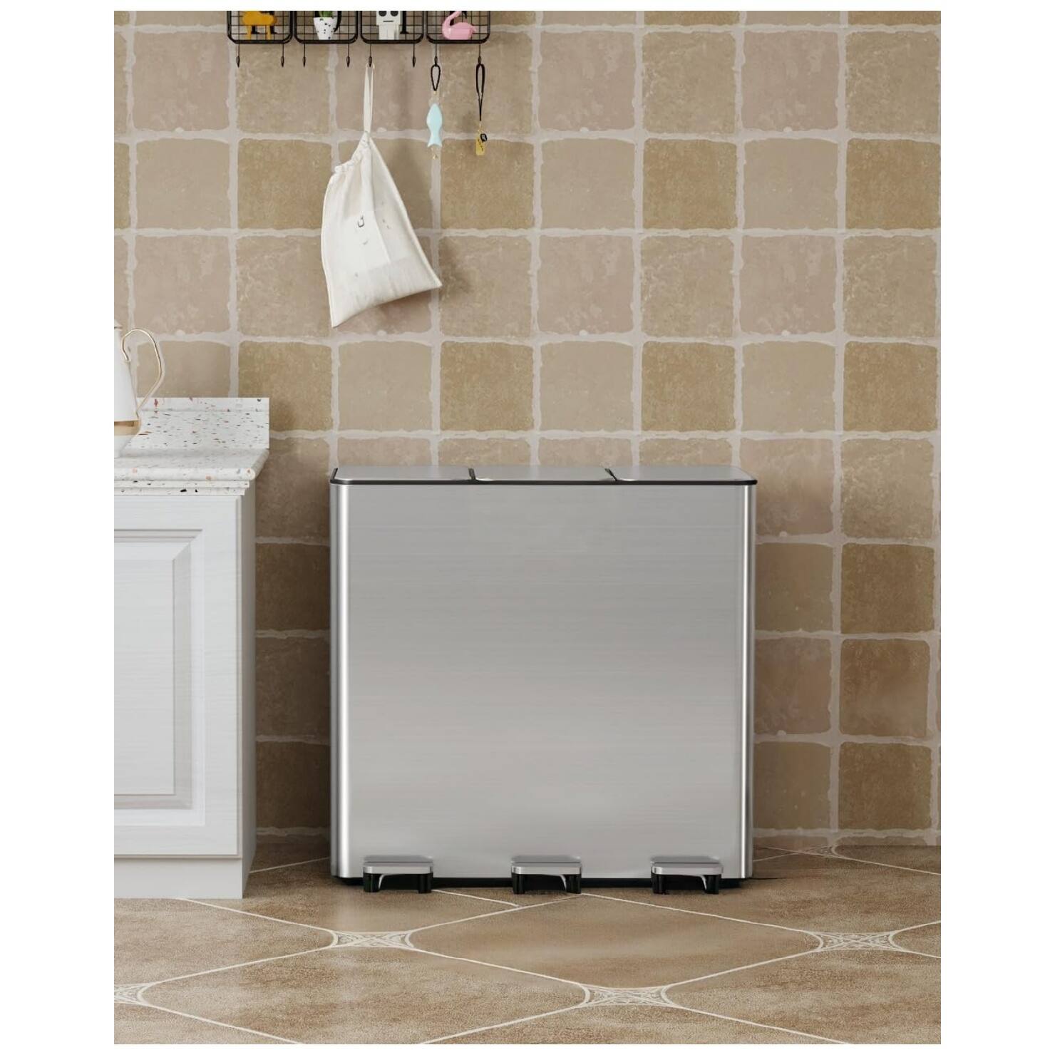 Front. GARVEE - 60L Three-Compartment Pedal Kitchen Trash Can, Stainless Steel Recycling Bin with Odor Seal - Silver.