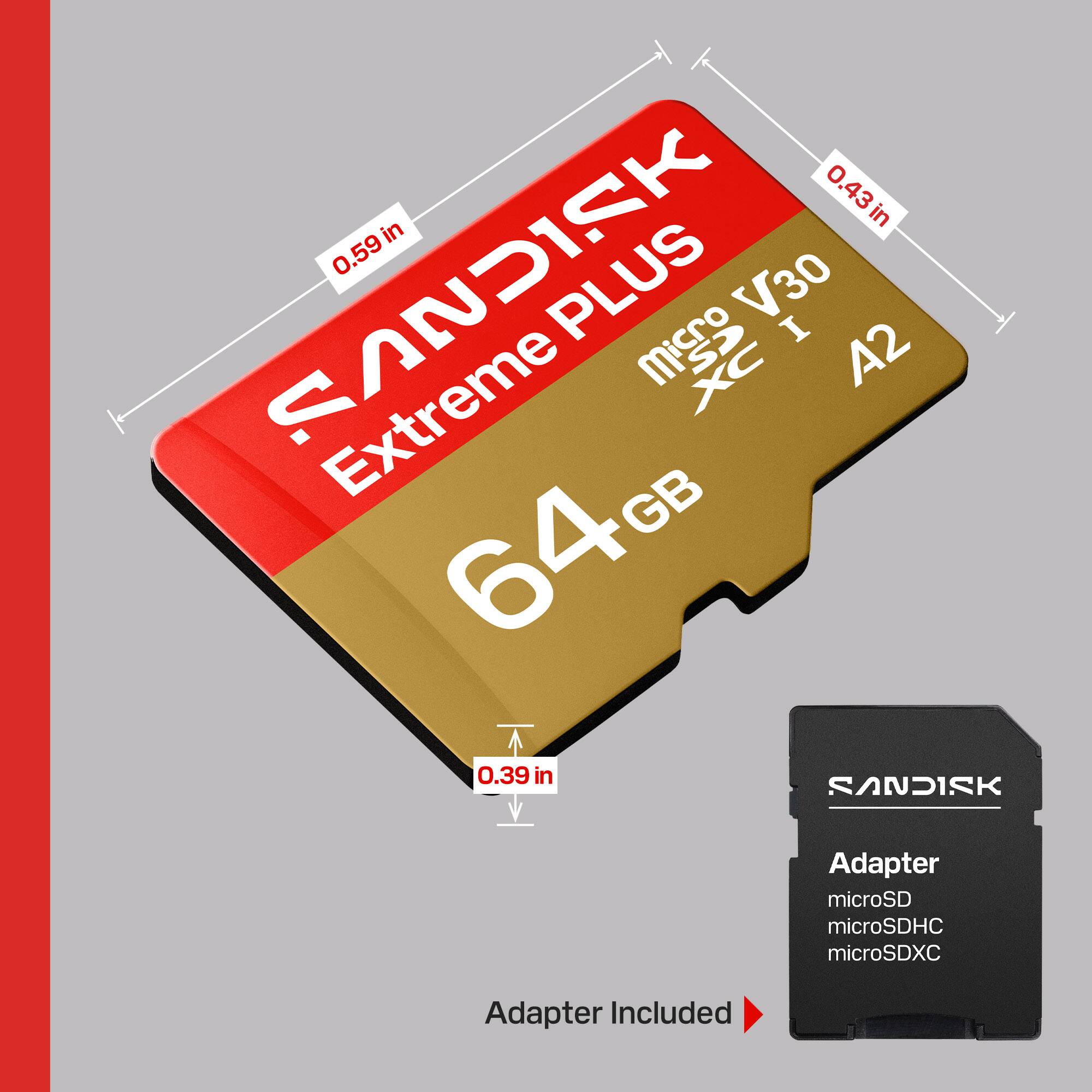 0.43 in x 0.59 in SANDISK PLUS microSD V30 XC I A2 Extreme 64 GB microSD microSDHC microSDXC Adapter Included