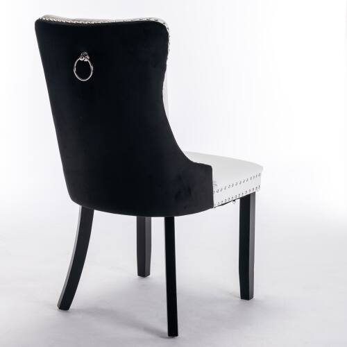 Back. LUCKY ONE - Assembled Tufted PU Velvet Dining Chair Set of 2 with Wood Legs Nailhead Trim High Back - White+Black.
