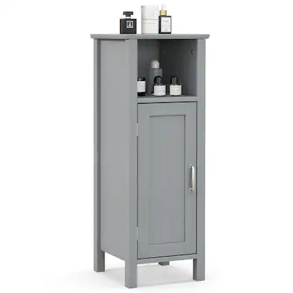 Front. Gymax - Gymax Bathroom Storage Organizer Narrow Floor Cabinet w/ 2-Tier Cabinet Open Compartment Gray - Grey.