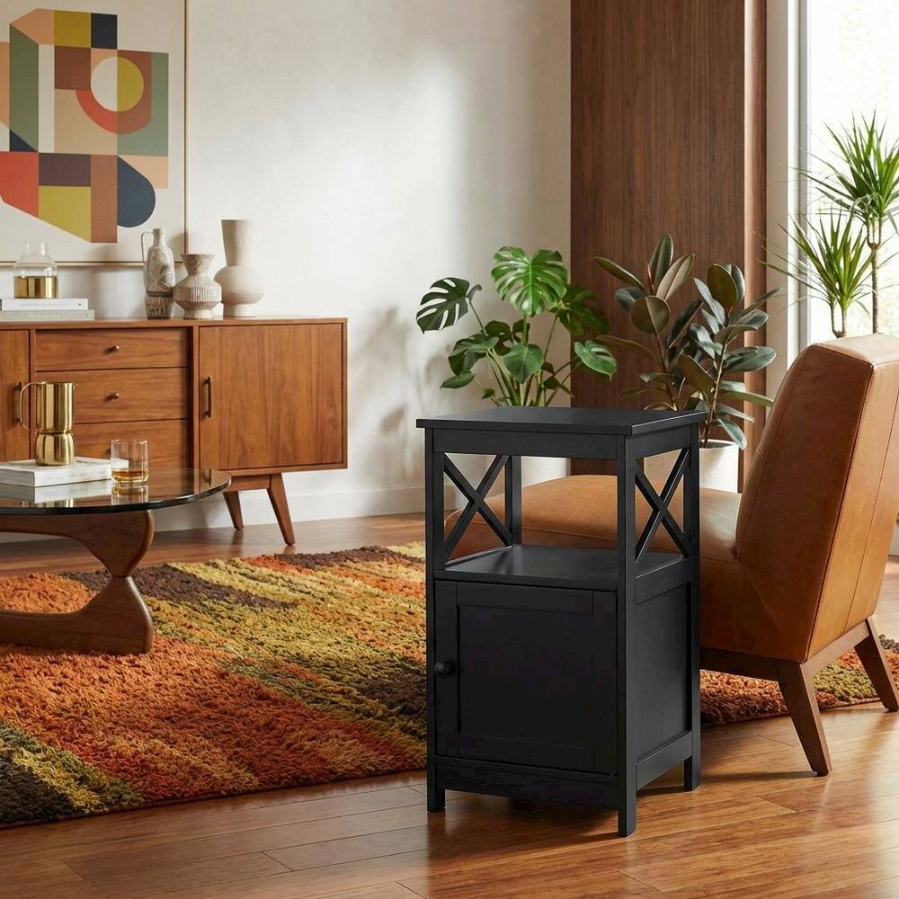 Back. FurniFact - Wooden End Table with Cabinet for Living Room or Bedroom Use - Black.