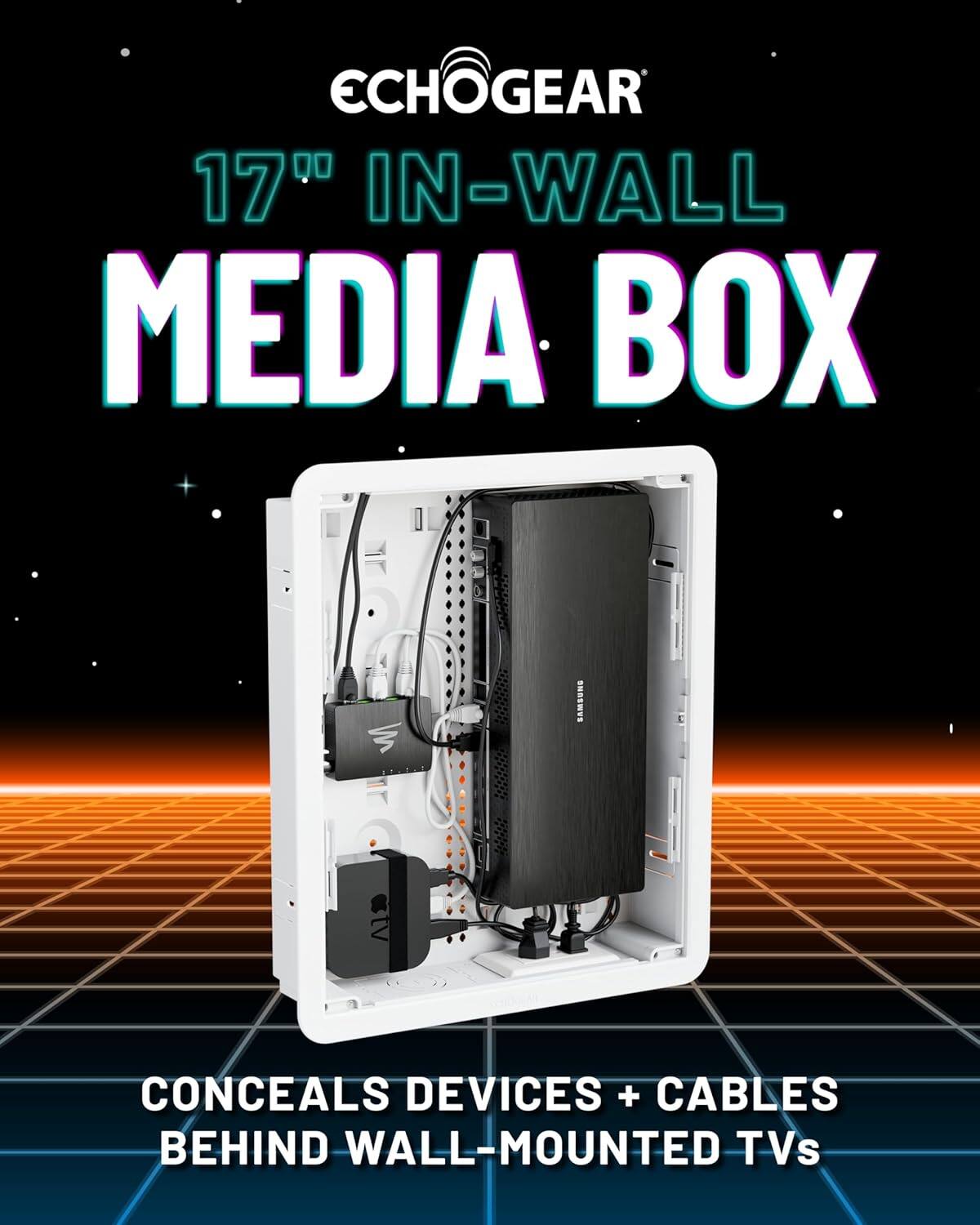 ECHOGEAR 17" IN-WALL MEDIA BOX  
CONCEALS DEVICES + CABLES BEHIND WALL-MOUNTED TVs