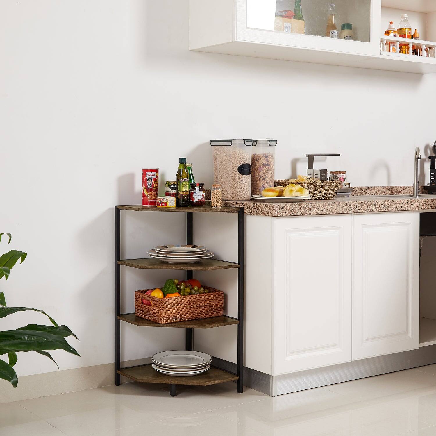 Alt View 2. Vecelo - 4-Tier Corner Shelf Unit, Modern Fan-Shaped Bookshelf with Sturdy Metal Frame, Versatile Home Organizer - Brown.